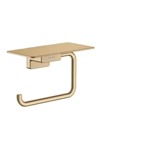 Toilettenpapierhalter aus Metall mit einer Ablagefläche, in einer brushed Bronze-Oberfläche, von Hansgrohe, zur Wandmontage konzipiert.
